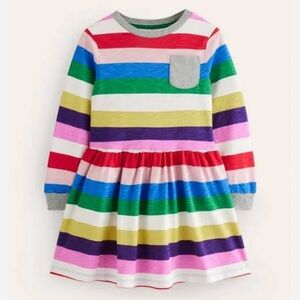 New Mini Boden multicolor rainbow slub striped Jersey drop waist Dress Sz 8-9y